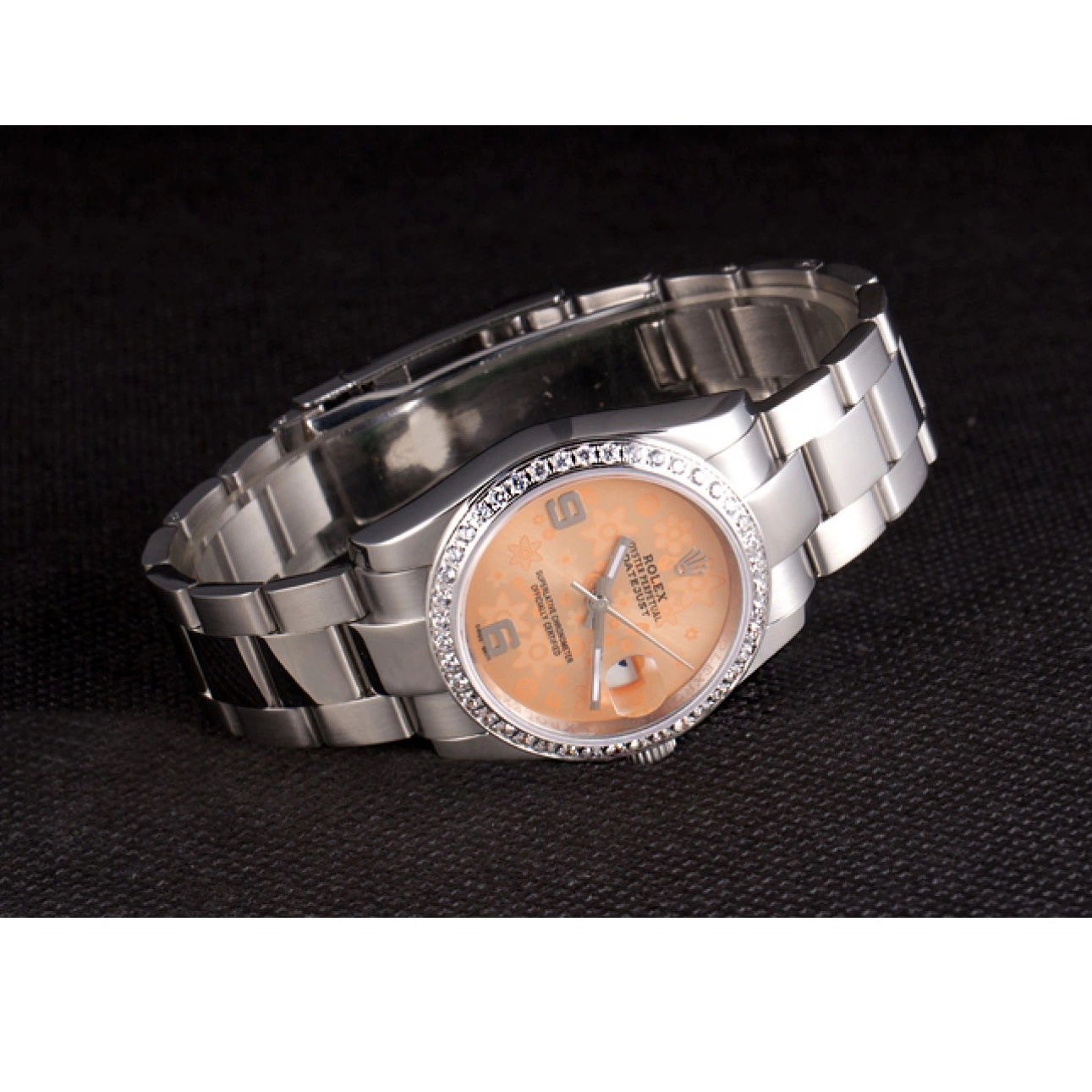 Best AAA Replica Sites Flowers Steel Diamond Rolex Dial Plated Datejust Orange Polished Stainless 0626